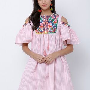 Vibrant Pink Striped Cold-Shoulder Dress